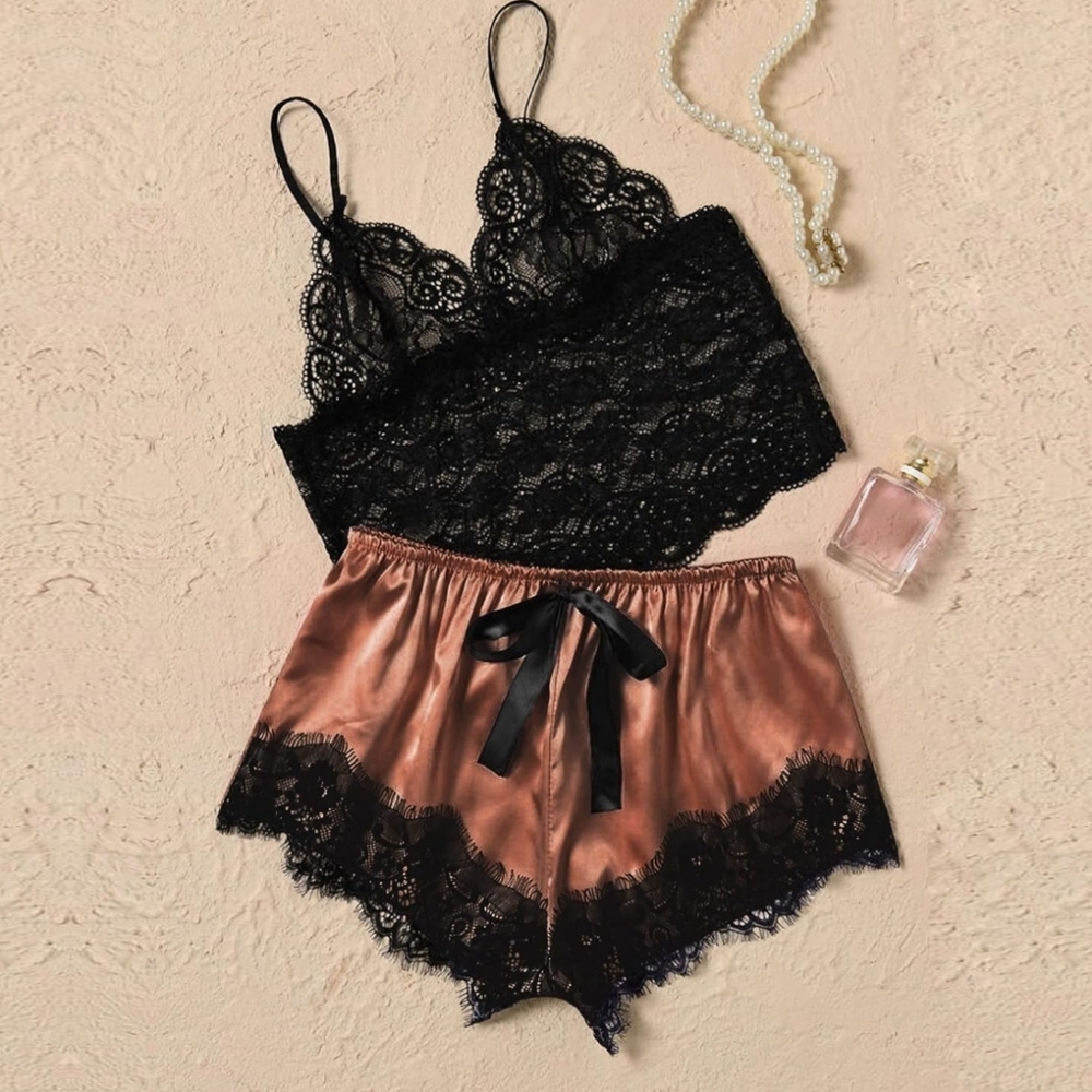 Elegant Black Lace Bralette and Bronze Satin Shorts Sleepwear PJ Set. Size 12. - Picture 4 of 7